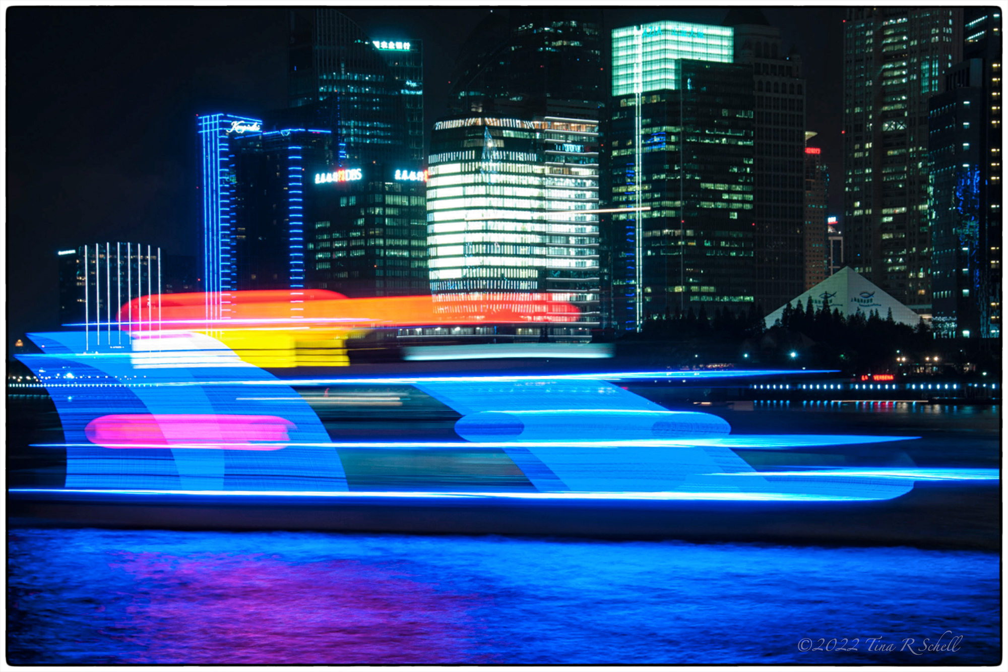 boat, night, city lights, color